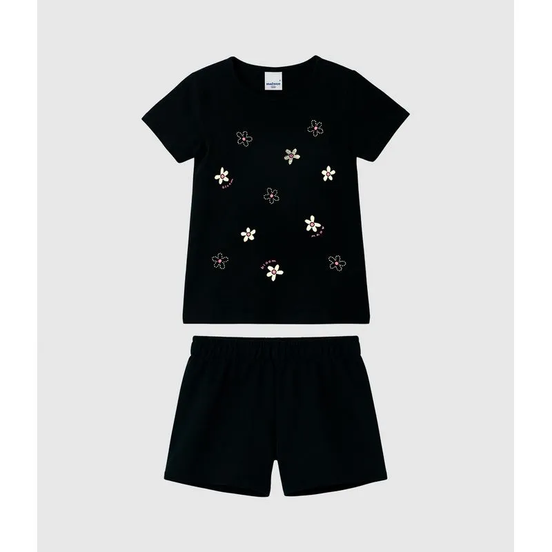 Conjunto Infantil Menina Estampado Blusa E Shorts Em Algodão Malwee Kids Preto - 8