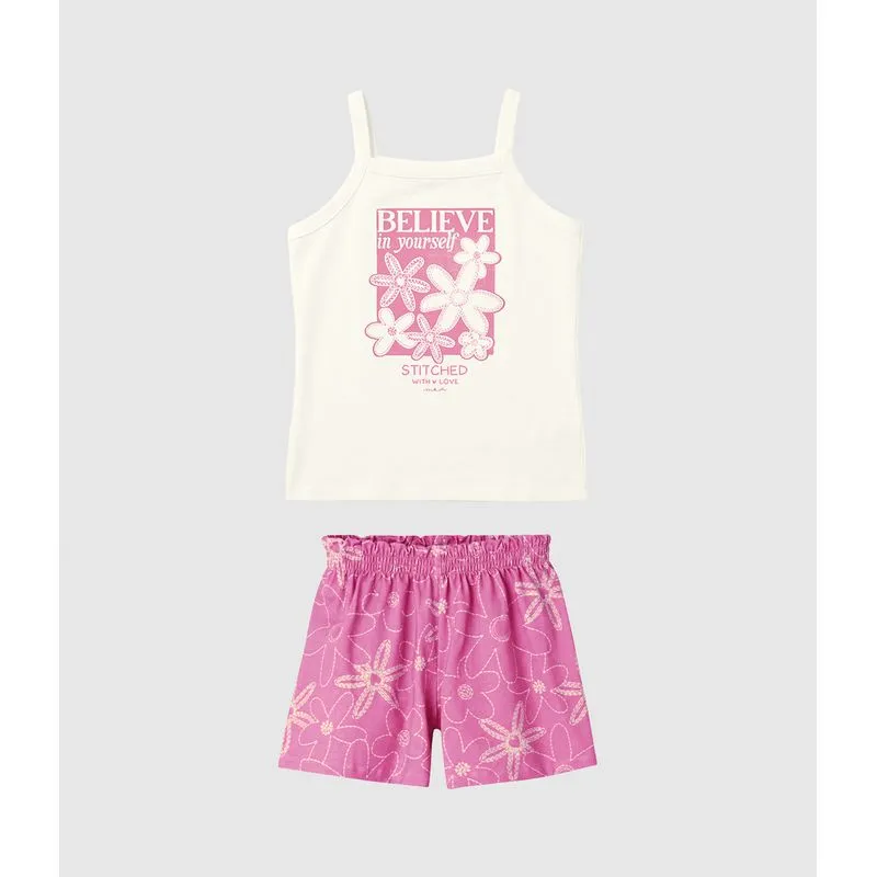 Conjunto Infantil Menina Regata Decote Reto E Shorts Estampado Em Algodão Malwee Kids Off White - 12