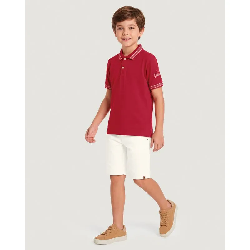 Conjunto Menino Camisa Polo Bordado Na Manga Piquet Stretch - Carinhoso Vermelho - 14