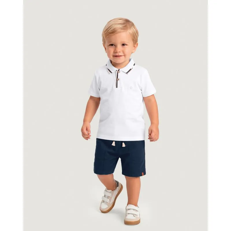 Conjunto Menino Camisa Polo Bordada E Bermuda Algodão Com Linho - Carinhoso Branco - 6