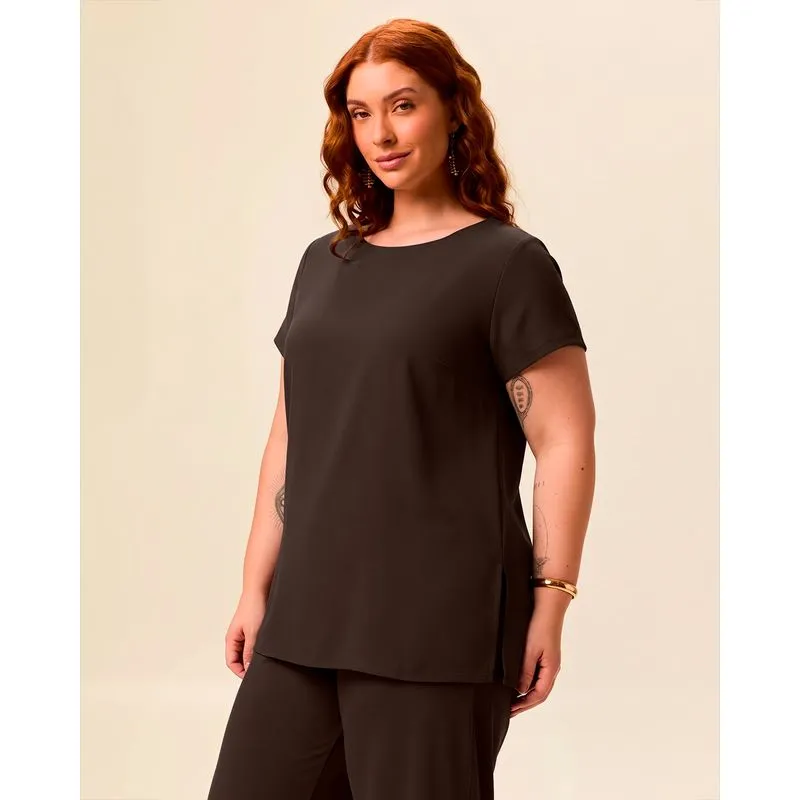 Blusa Feminina Plus Size Alongada Manga 3/4 Em Malha Crepe Marrom - G3