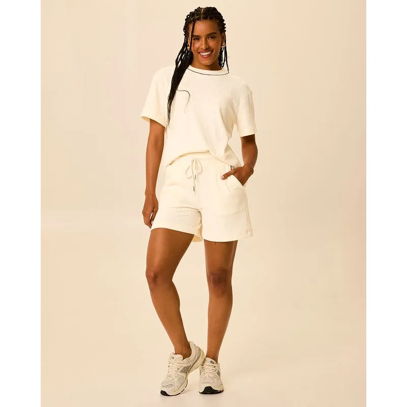 Conjunto Curto Feminino Detalhe Contrastante Em Tricô Canelado Off White - G