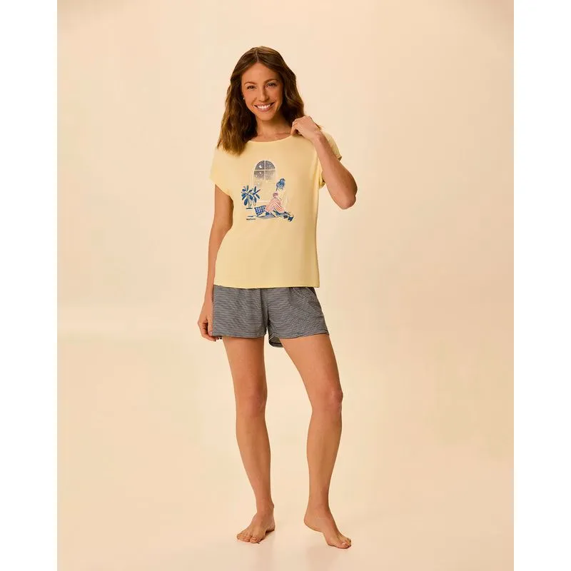 Pijama Curto Feminino Blusa Estampada Em Viscose Stretch Amarelo - GG
