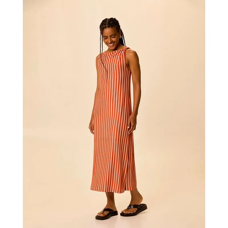 Vestido Midi Feminino Detalhe Torção Na Alça Em Viscose Listrada Laranja - G