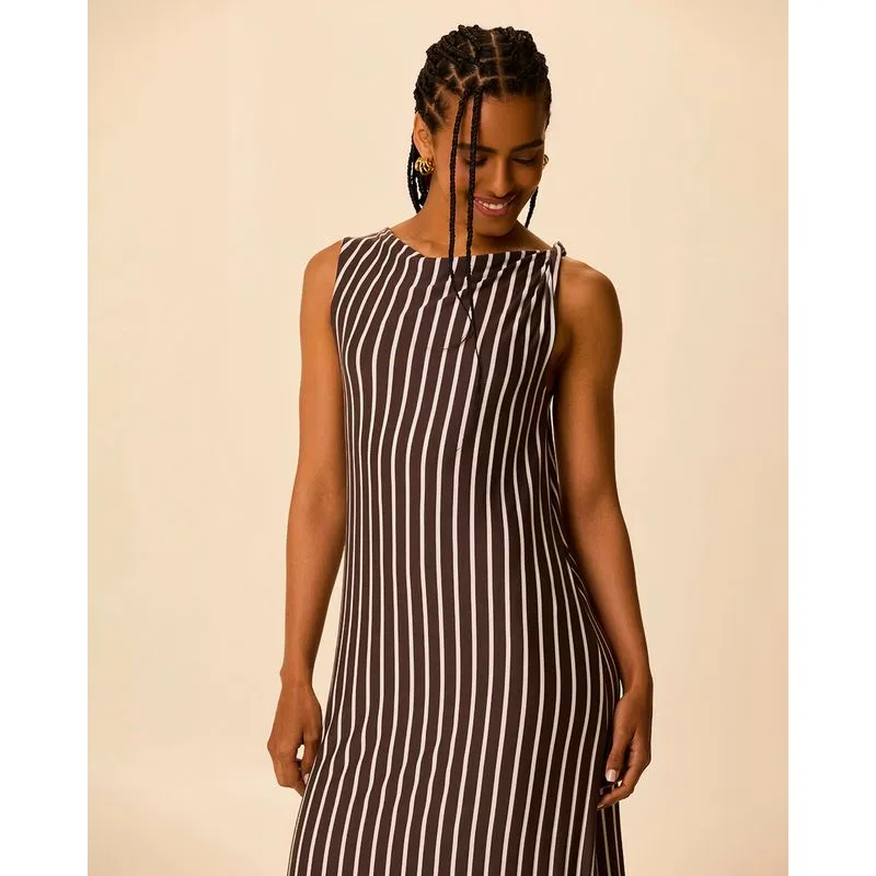 Vestido Midi Feminino Detalhe Torção Na Alça Em Viscose Listrada Marrom - G