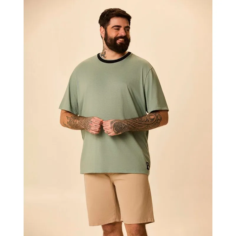 Camiseta Masculina Plus Size Etiqueta Externa Em Malha Mescla Algodão Verde - G2