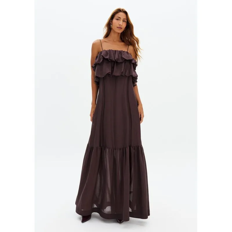 Vestido Longo De Alças Com Babados Marrom M