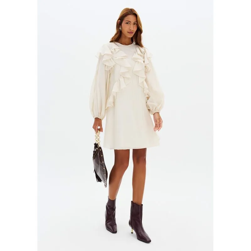 Vestido Curto Manga Longa Com Babados Off White P