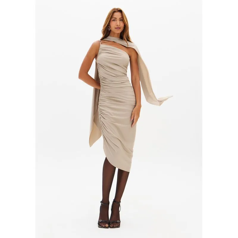Vestido Curto Assimétrico Com Corrente Bege P