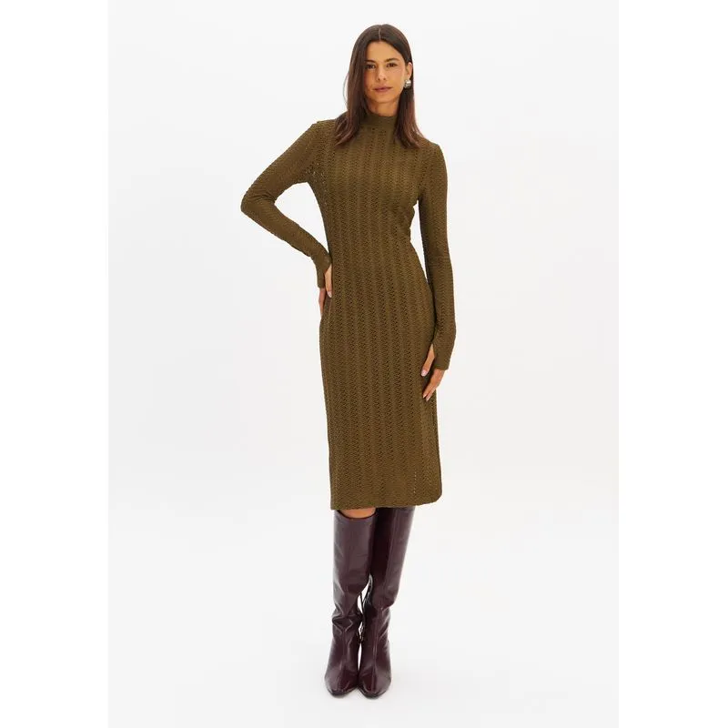 Vestido Midi Manga Longa Malha Texturizada Verde M