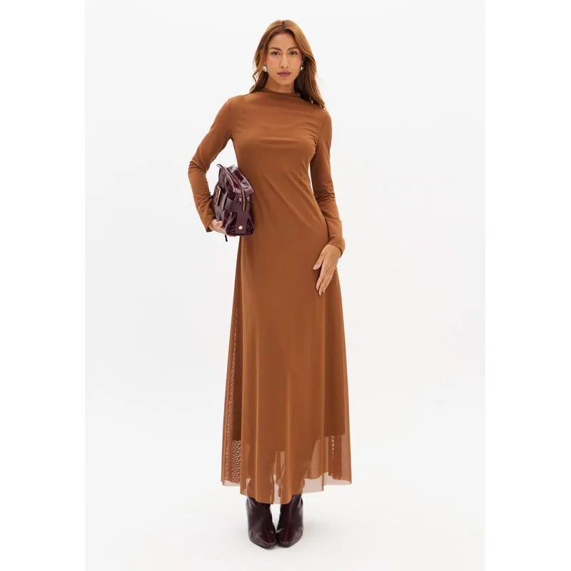 Vestido Longo Manga Longa De Tule Marrom P