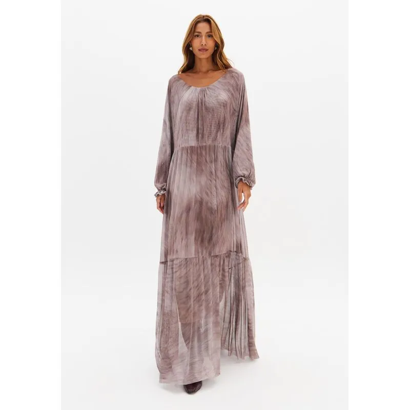 Vestido Super Midi Fluído Manga Longa De Tule Bege G