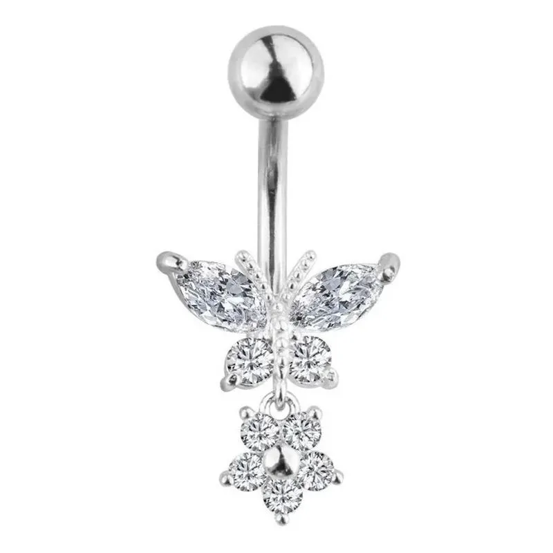 10x Piercing De Umbigo Prata Pendurado Pedra Borboleta Flor