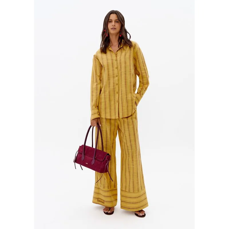 Calça Wide Leg Listrada De Algodão Amarelo P