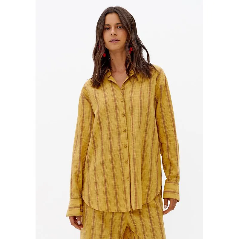 Camisa Regular Listrada De Algodão Amarelo PP