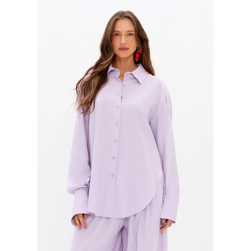 Camisa Alongada Com Linho Lilás M