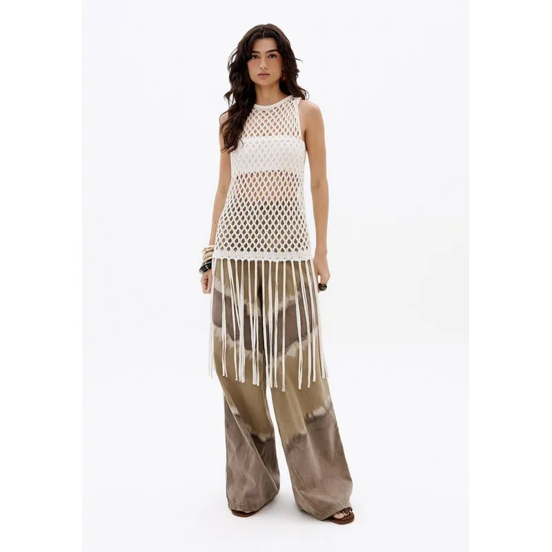 Calça Jeans Relaxed Cintura Média Tie Dye Verde 44