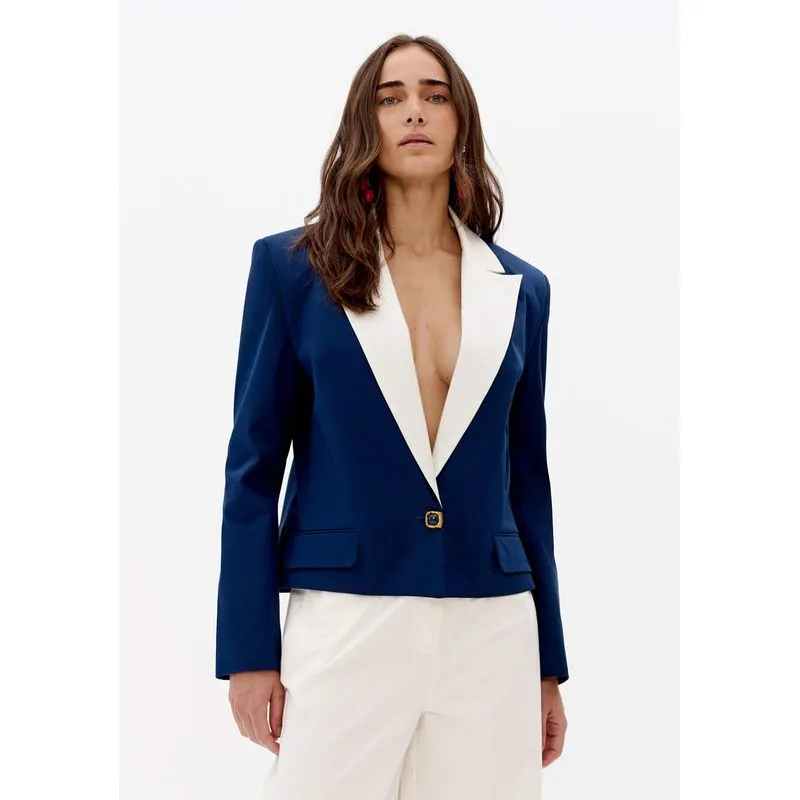 Blazer Oversized De Sarja Com Contraste Azul M