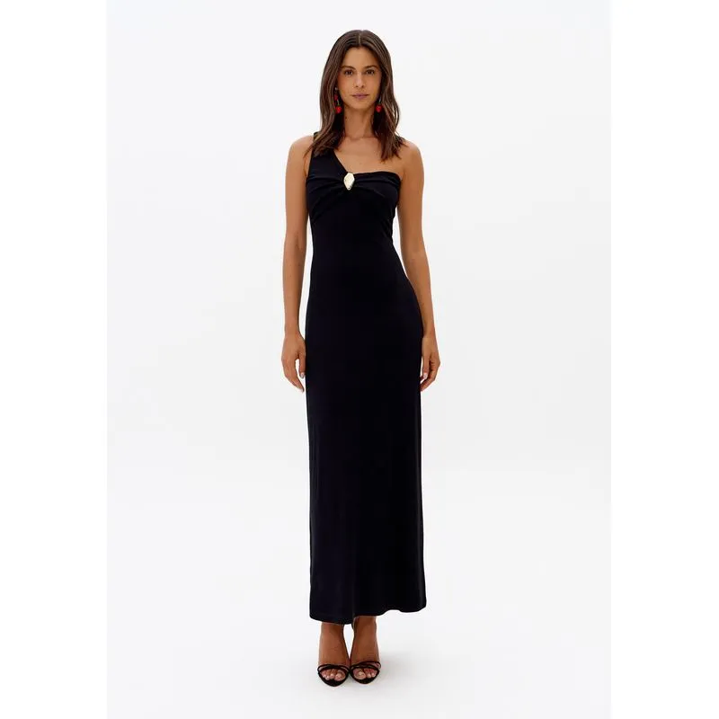 Vestido Canelado Com Metal Azul M