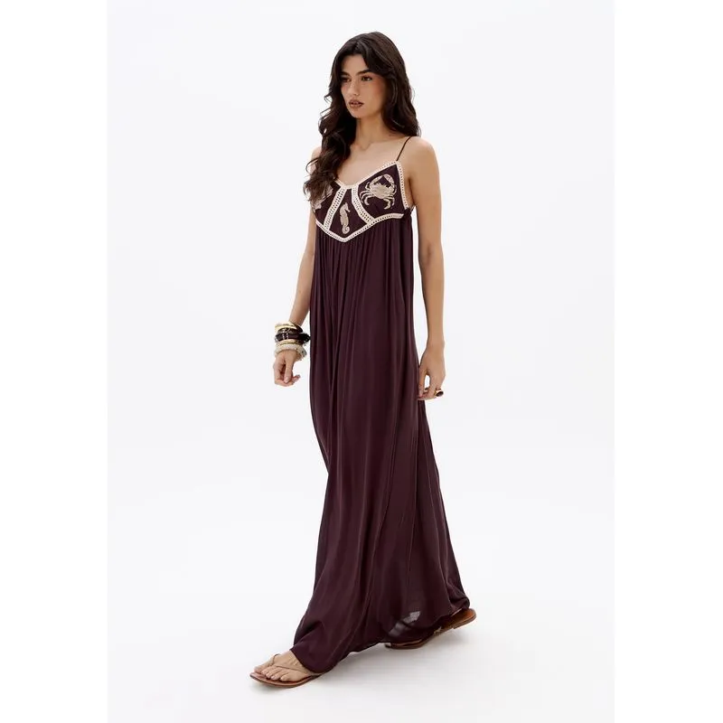 Vestido Longo De Crepe Com Bordado Marrom GG