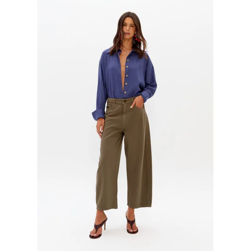 Calça Sarja Baggy Balloon Cropped Cintura Média Verde 44