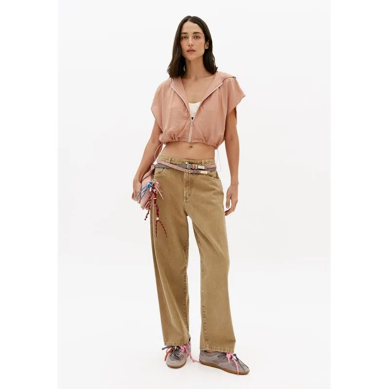 Calça Sarja Baggy Cintura Média Bege 40