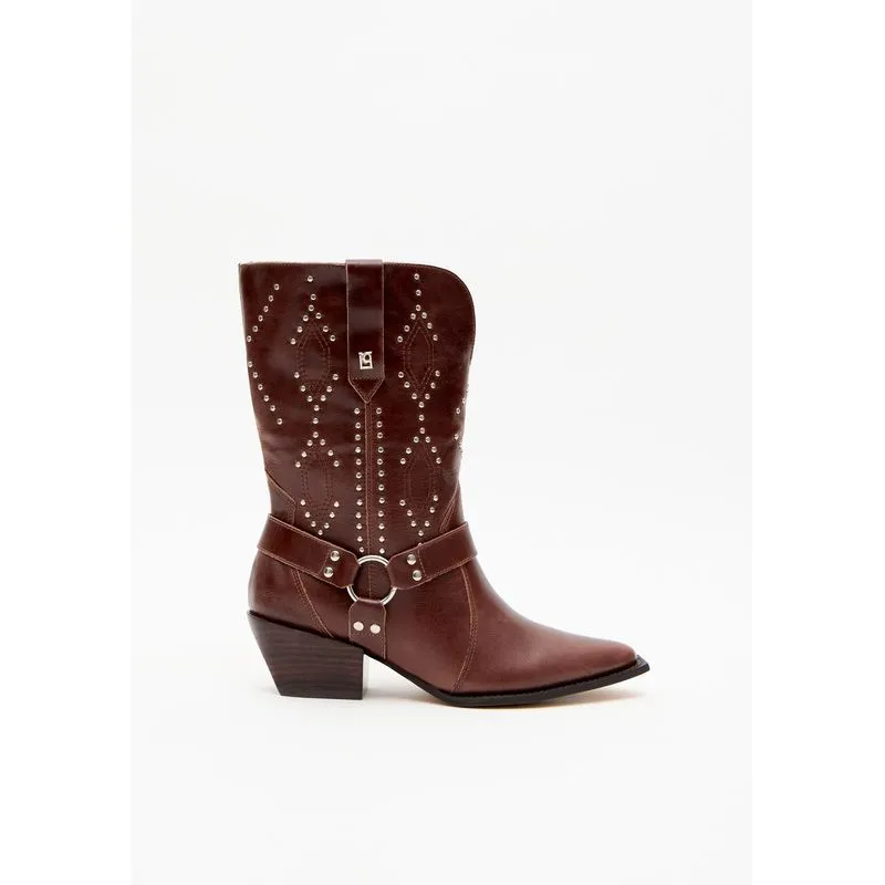 Bota Western Couro Com Tachas Marrom 34