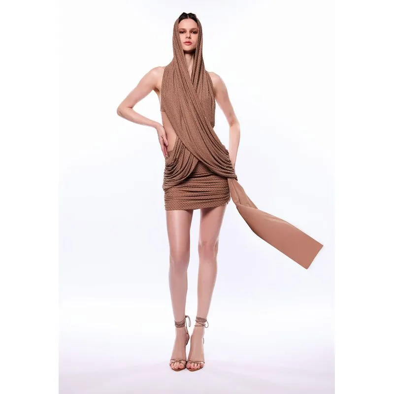 Vestido Drapeado Curto De Capuz Bege M