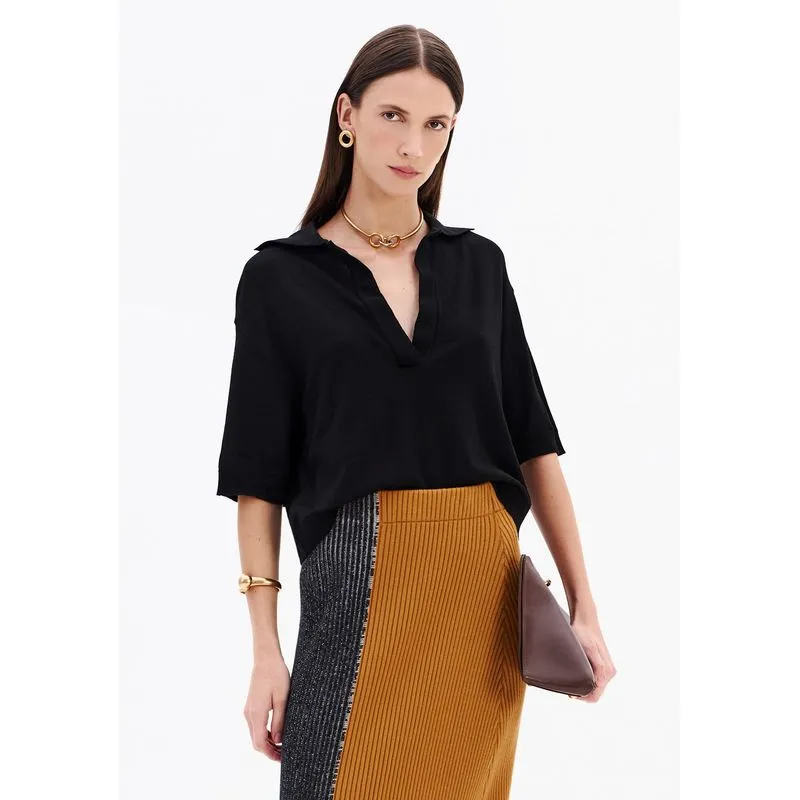 Blusa Tricô Gola Polo Manga Curta Preto P