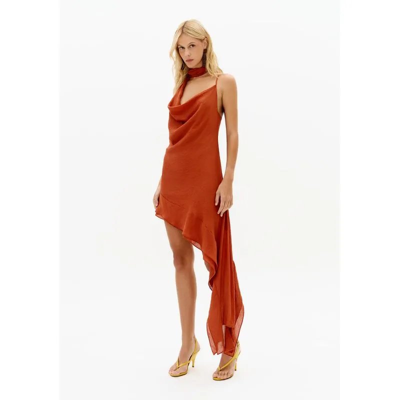 Vestido Curto Assimétrico Com Faixa Marrom GG
