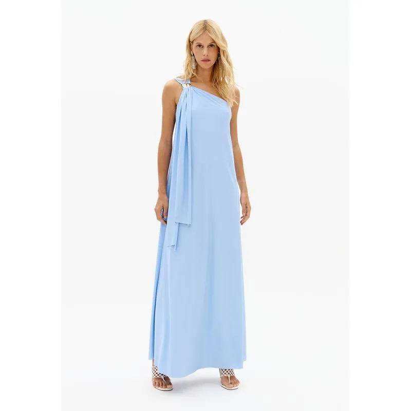 Vestido Longo Jersey E Ombro Único Azul G