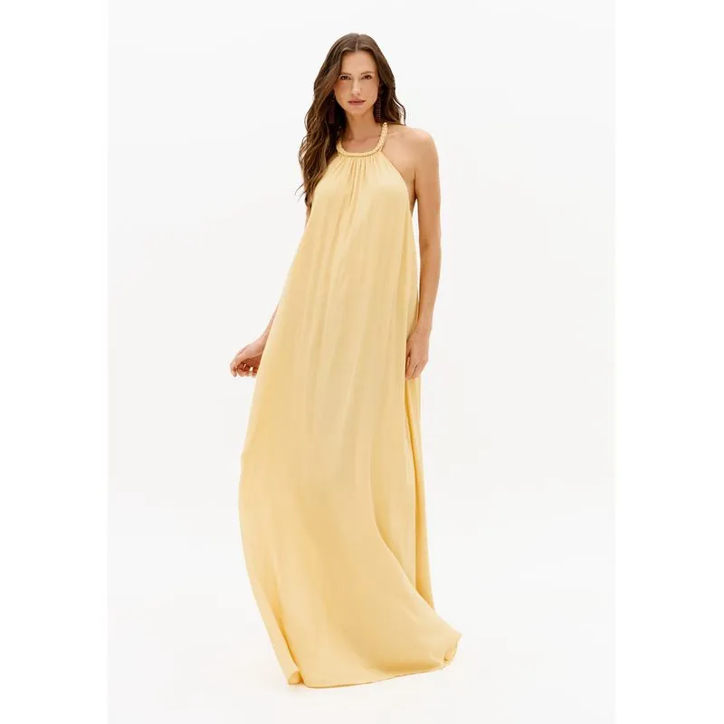 Vestido Longo Em Crepe De Viscose E Amarração Bege PP
