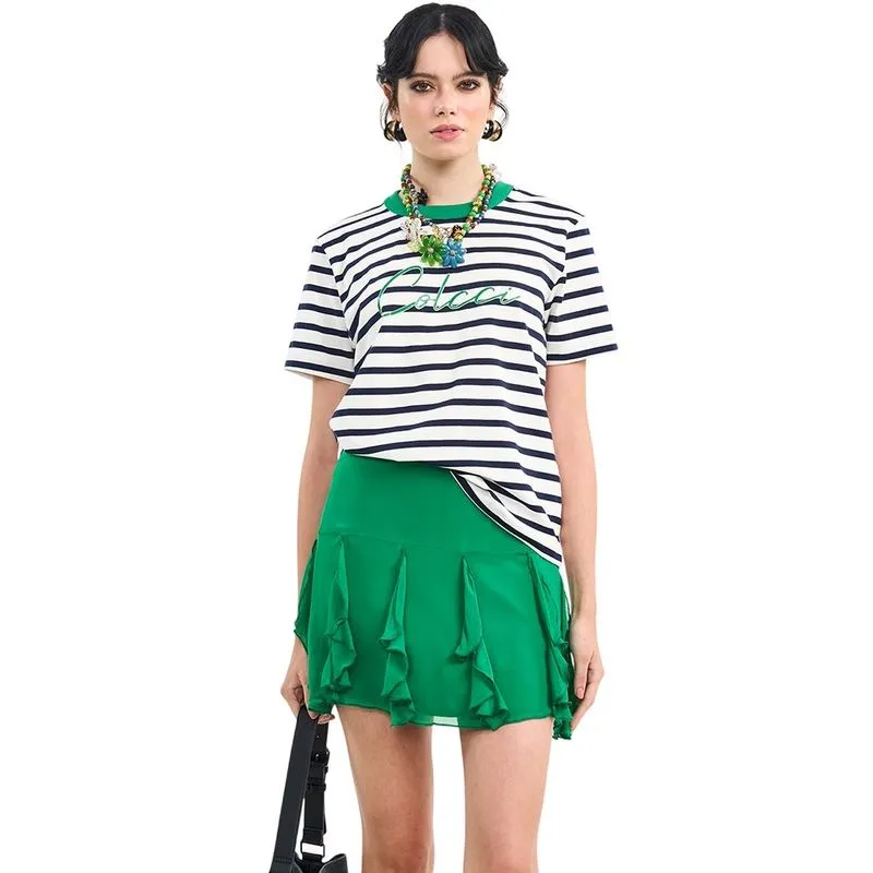 Camiseta Colcci Listrada Com Gola Contrastante Off White/Verde Feminina P / Branco