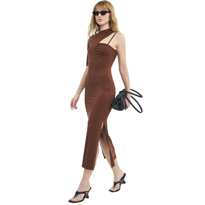 Vestido Colcci Midi com Franzidos e Recorte Assimétrico Marrom Tiramisu Feminino G / Marrom