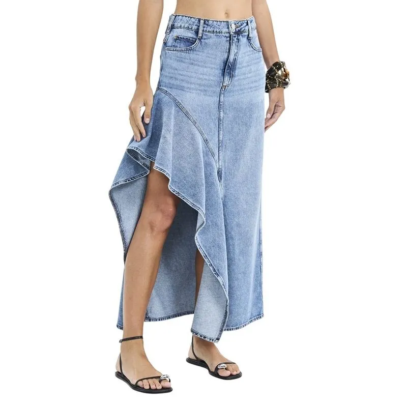 Saia Colcci Longa Assimétrica com Babado Azul Indigo Feminina 38 / Azul
