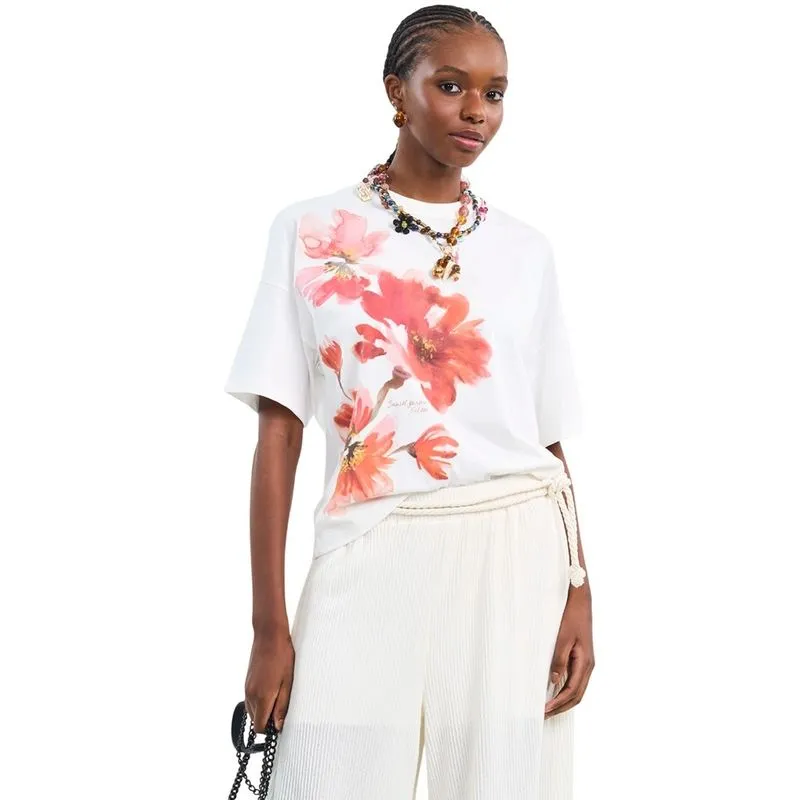 Camiseta Colcci Oversized Com Estampa Floral Off Shell Feminina G / Branco