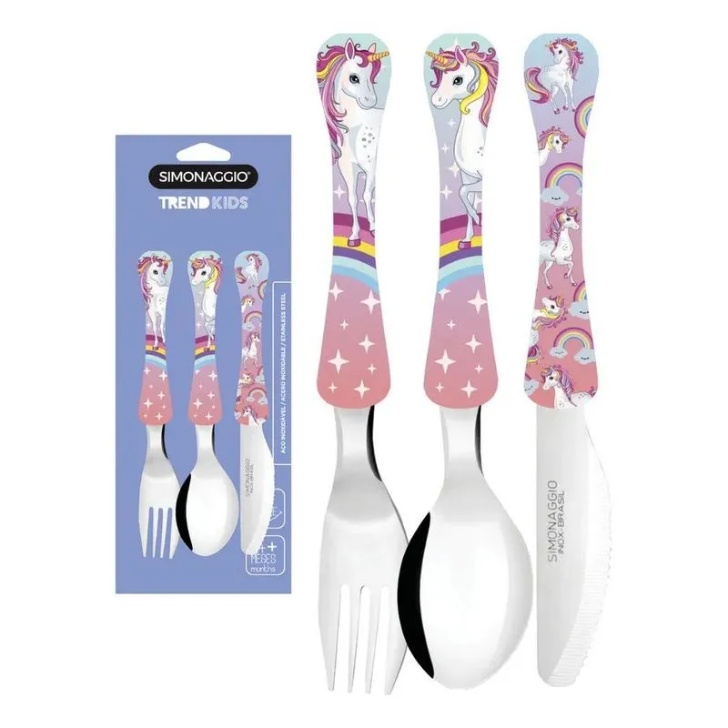 2x Jogo 3 Talher Infantil Unicornio Fofinho Criança Menina I