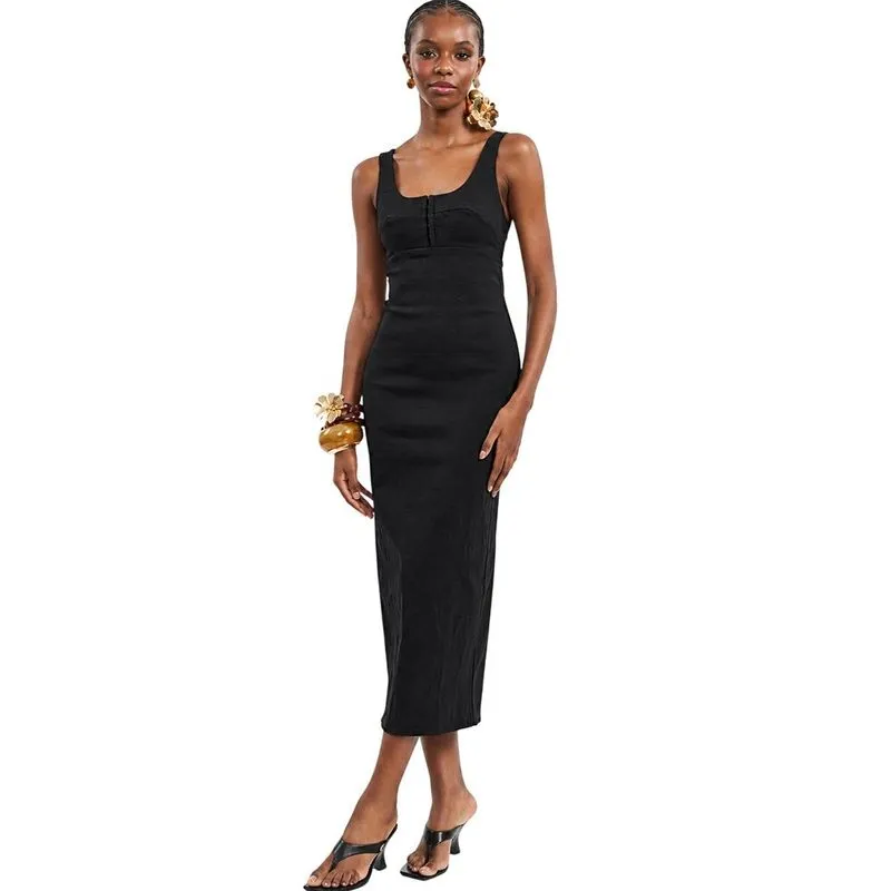 Vestido Colcci Midi com Costas Abertas e Botões Preto Feminino P / Preto