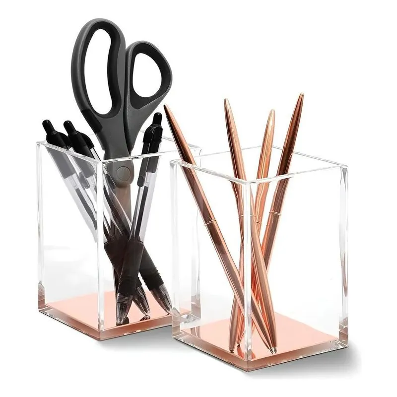Porta Caneta Em Acrílico Transparente Com Fundo Espelh Rose