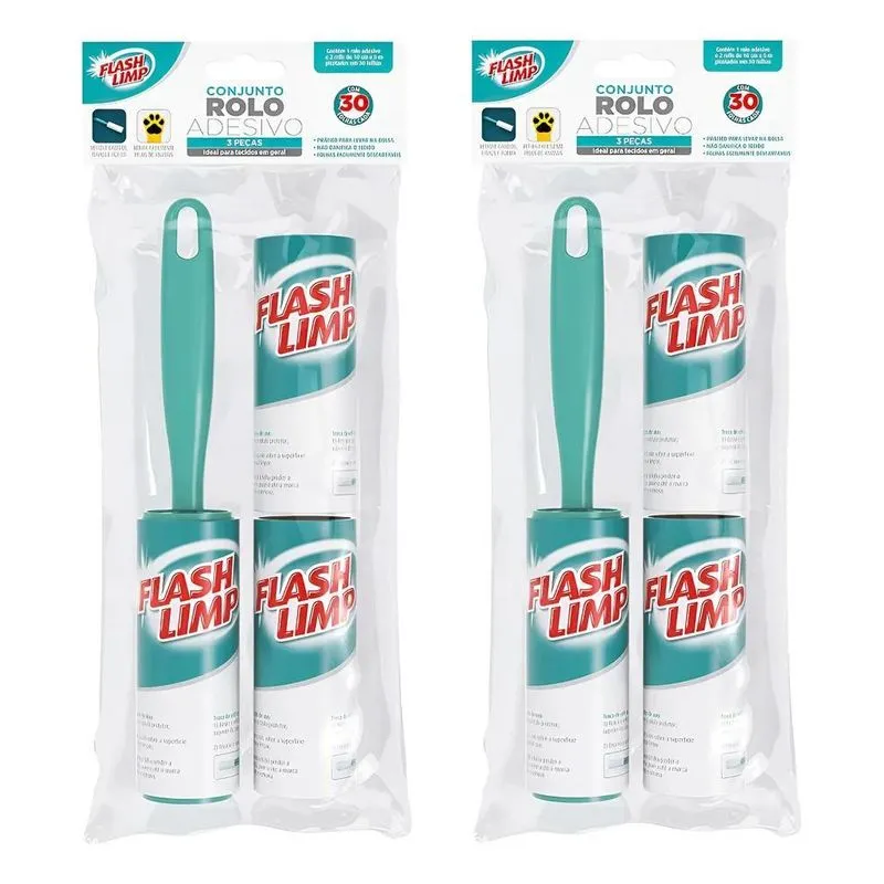 3x Rolo Removedor Tira Pelo Roupa Sofá Flash Limp + 4 Refil