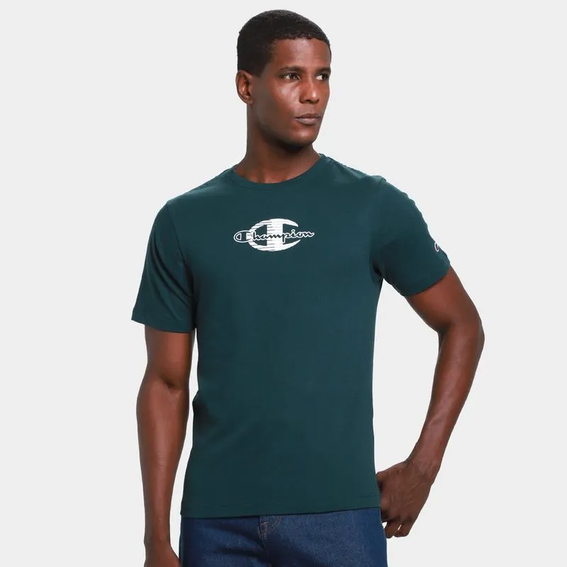 Camiseta Champion C Stripes Script Masculina - Masculino - Verde escuro