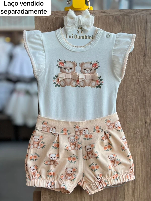 CONJUNTO BODY MANGA CURTA URSO DUPLO FLORES E SHORT MENINA MILON OFF/ROSA / 1