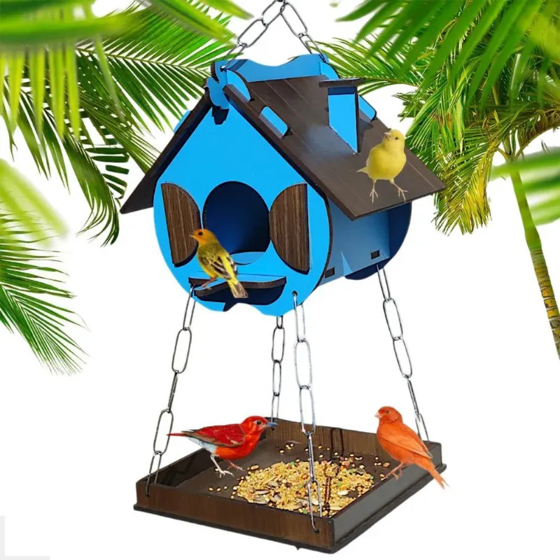 Casinha Comedouro Pássaros Jardim - Decoração Artesan - Azul