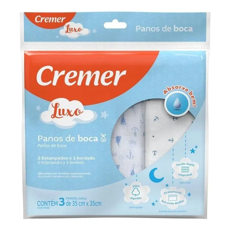 5x Pano De Boca Menino 100% Algodão Kit Com 3 Unidades Cre