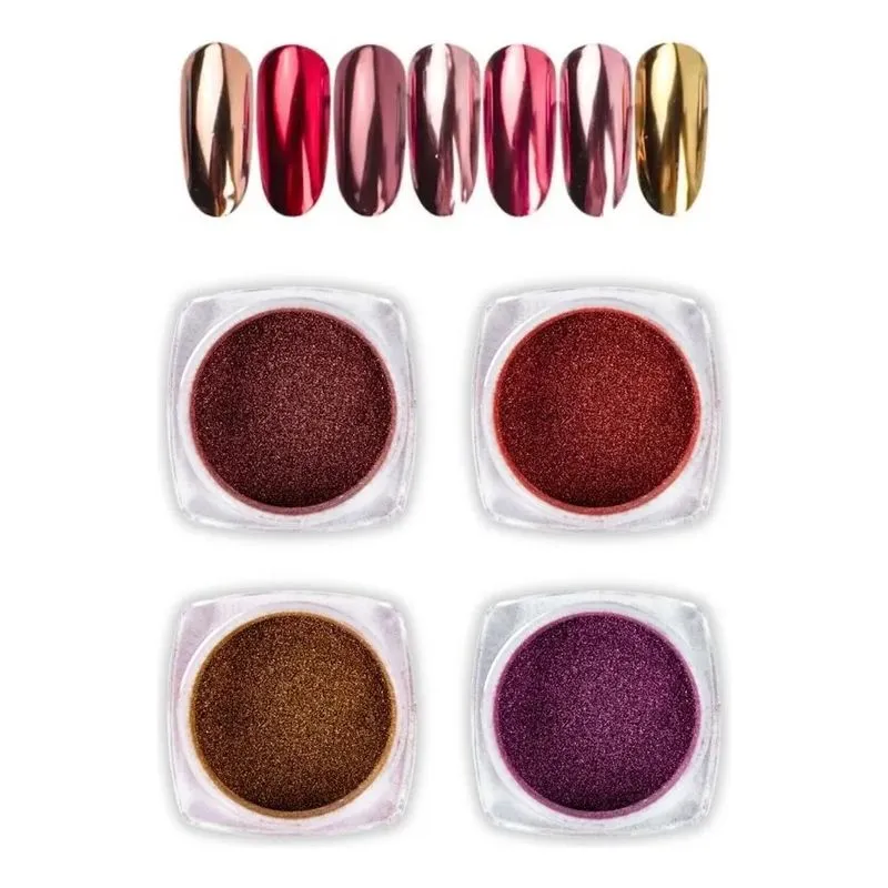 10x Kit 4 Pó Cromo Metalizado Decoração Unhas + 3 Aplicador