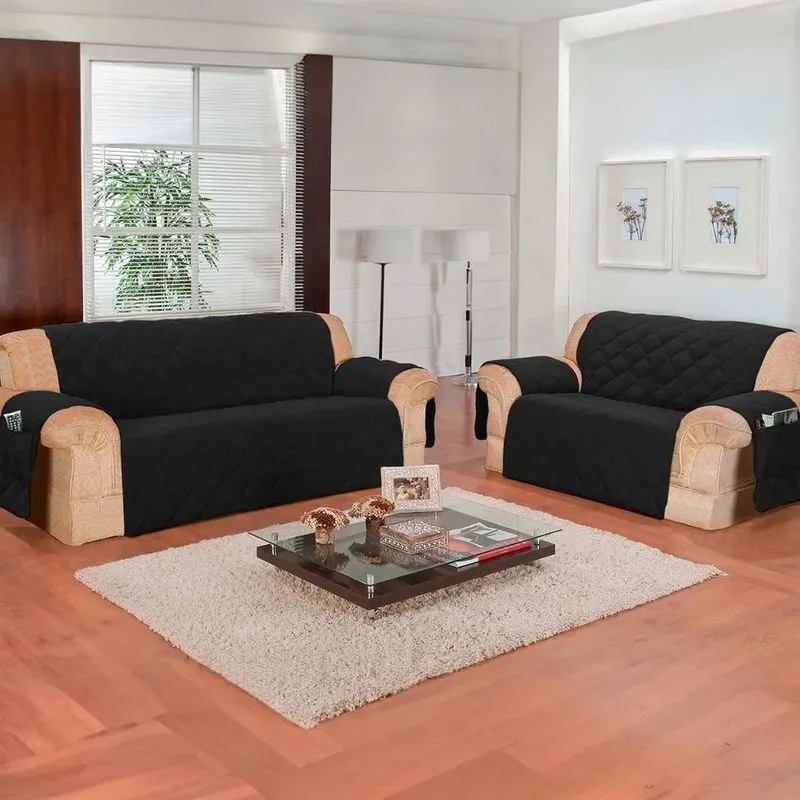 Kit 2/3 Lugares Sofá Matelado Porta Objetos Impermeá - Preto