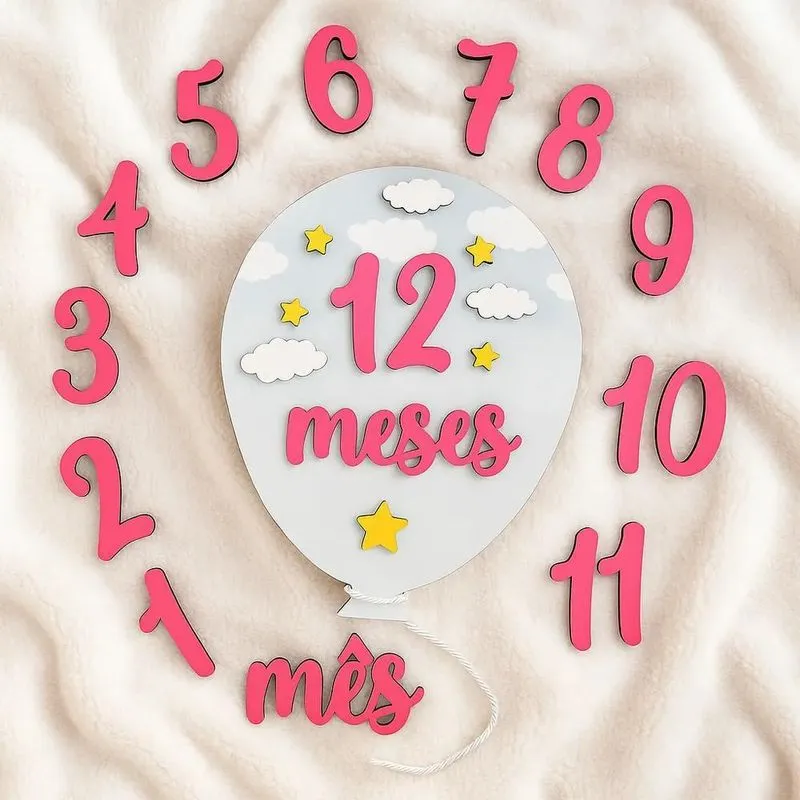 10x Kit Mesversário Balão E Nuvens Para 12 Meses De Fotos B