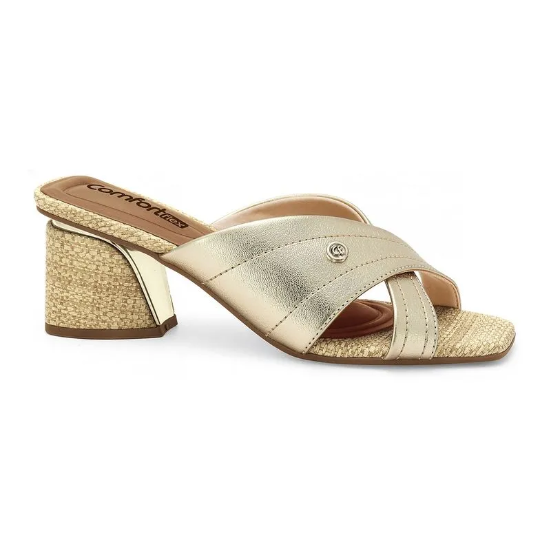 Tamanco Salto Bloco Dourado Comfortflex 2674402-1 36