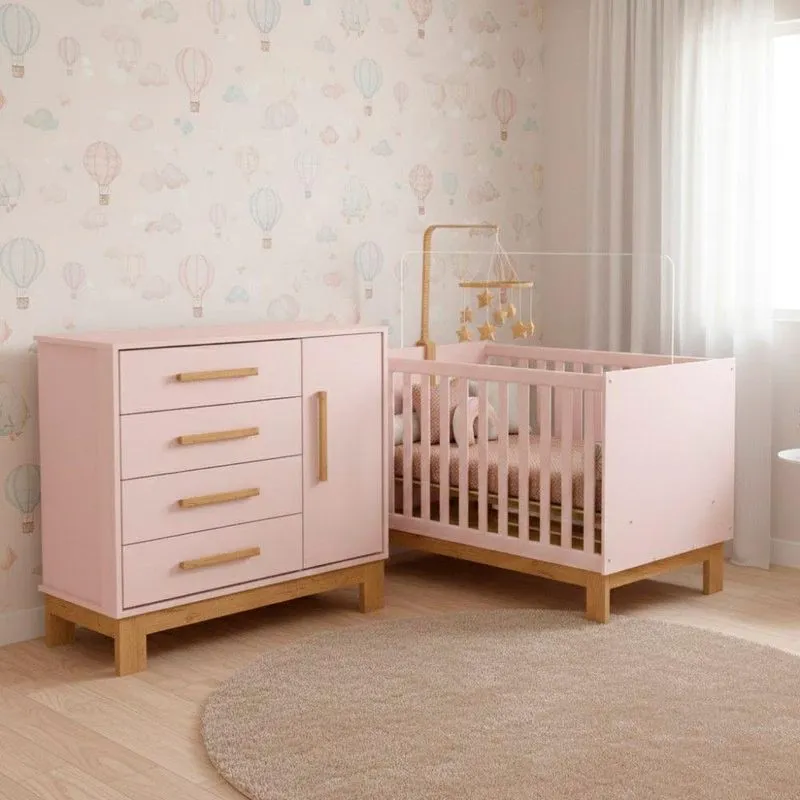 Berço Multifuncional Vira Cama Q Encanto MDP Colchão Incluso Rosa Qmovi