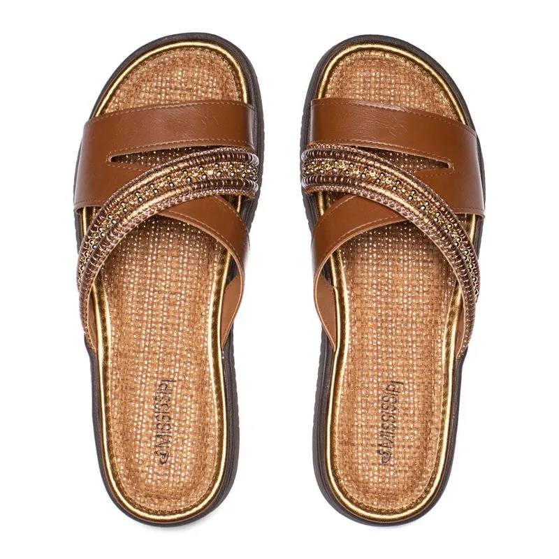 Chinelo Slide Feminino Mississipi Flatform Strass Caramelo - 37